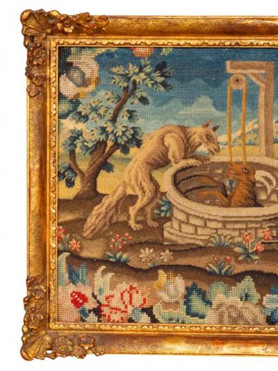 Pair Of Framed Needlepoint Pictures Depicting Scenes From Aesops Fables