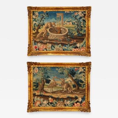 Pair Of Framed Needlepoint Pictures Depicting Scenes From Aesops Fables