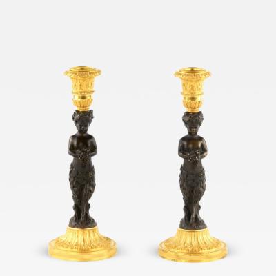 Pair Of French Bronze Candlesticks Fauns France Mid 19th Century
