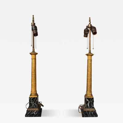 Pair Of French Empire Bronze and Faux Marble Table Lamps