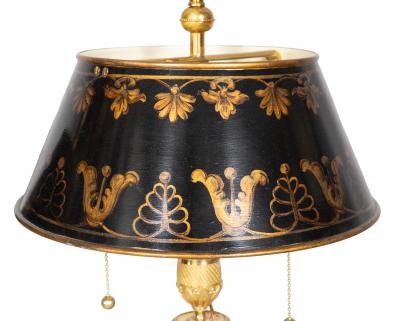 Pair Of French Empire Ormolu Candlestick Lamps With Tole Shades