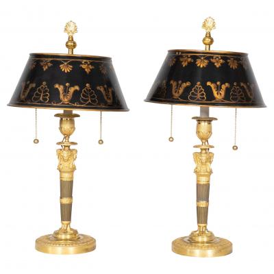 Pair Of French Empire Ormolu Candlestick Lamps With Tole Shades