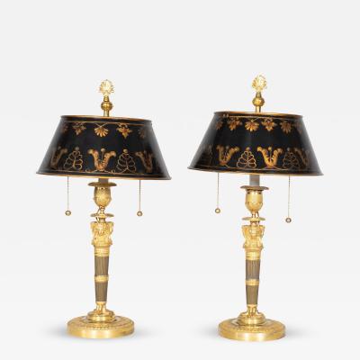 Pair Of French Empire Ormolu Candlestick Lamps With Tole Shades