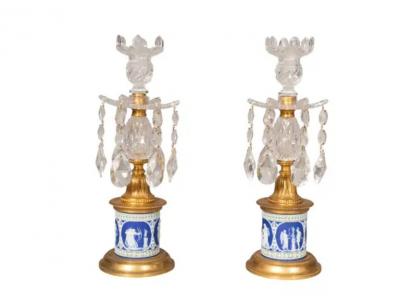 Pair Of George III Cut Glass And Jasper Ware Candlesticks
