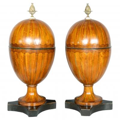 Pair Of George III Mahogany And Satinwood Telescopic Knife Urns