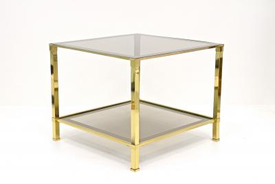 Pair Of Hollywood Regency Brass End Side Tables Smoked Glass Italy ca 1970