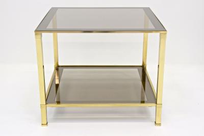Pair Of Hollywood Regency Brass End Side Tables Smoked Glass Italy ca 1970