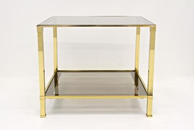 Pair Of Hollywood Regency Brass End Side Tables Smoked Glass Italy ca 1970