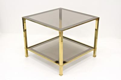 Pair Of Hollywood Regency Brass End Side Tables Smoked Glass Italy ca 1970