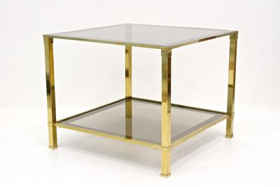 Pair Of Hollywood Regency Brass End Side Tables Smoked Glass Italy ca 1970