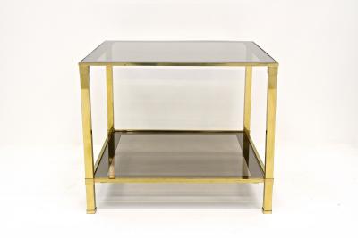 Pair Of Hollywood Regency Brass End Side Tables Smoked Glass Italy ca 1970