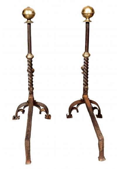Pair Of Italian Baroque Wrought Iron And Brass Andirons