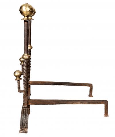 Pair Of Italian Baroque Wrought Iron And Brass Andirons