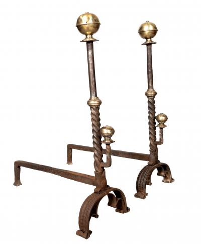 Pair Of Italian Baroque Wrought Iron And Brass Andirons