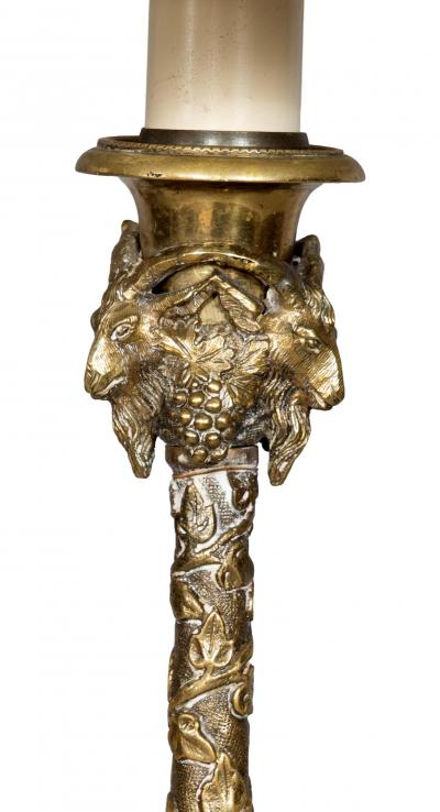 Pair Of Italian Bronze Candlestick Table Lamps with Mounted Lions