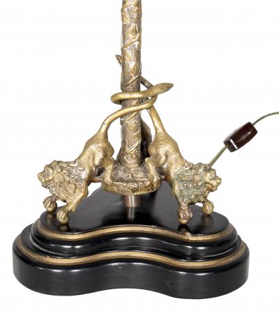 Pair Of Italian Bronze Candlestick Table Lamps with Mounted Lions