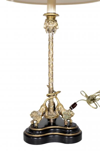 Pair Of Italian Bronze Candlestick Table Lamps with Mounted Lions
