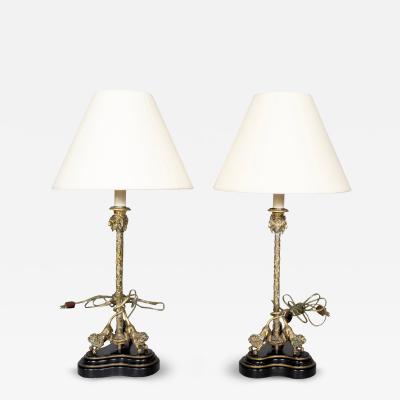 Pair Of Italian Bronze Candlestick Table Lamps with Mounted Lions
