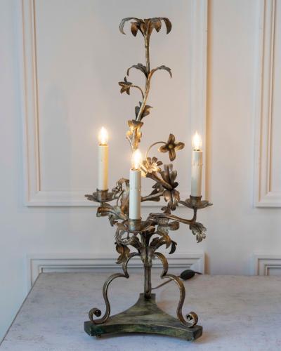 Pair Of Italian Candelabra 20th Century Silver leaf Wrought Iron Foliate Lamps