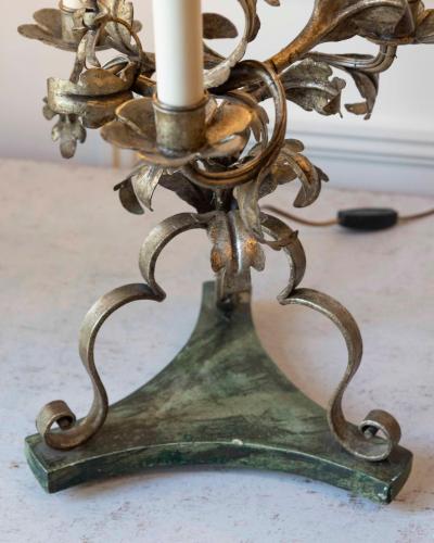 Pair Of Italian Candelabra 20th Century Silver leaf Wrought Iron Foliate Lamps
