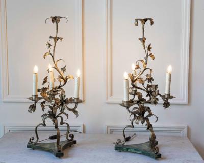 Pair Of Italian Candelabra 20th Century Silver leaf Wrought Iron Foliate Lamps