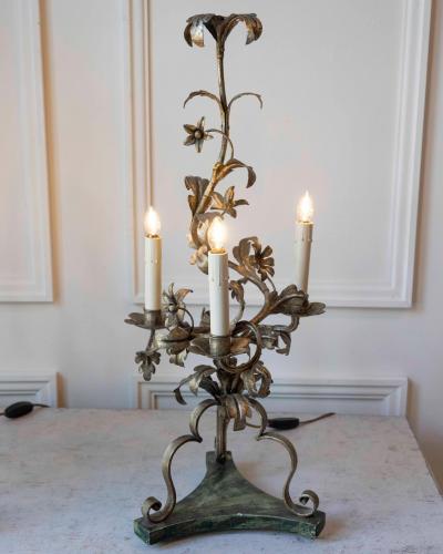 Pair Of Italian Candelabra 20th Century Silver leaf Wrought Iron Foliate Lamps