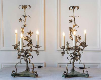 Pair Of Italian Candelabra 20th Century Silver leaf Wrought Iron Foliate Lamps