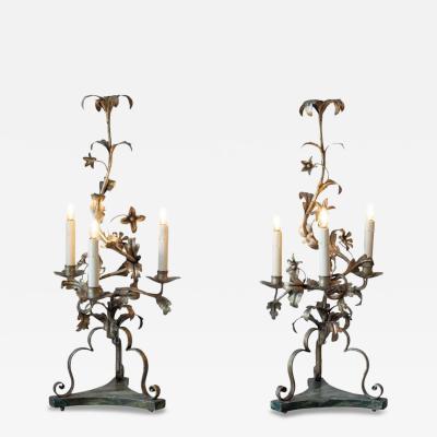 Pair Of Italian Candelabra 20th Century Silver leaf Wrought Iron Foliate Lamps