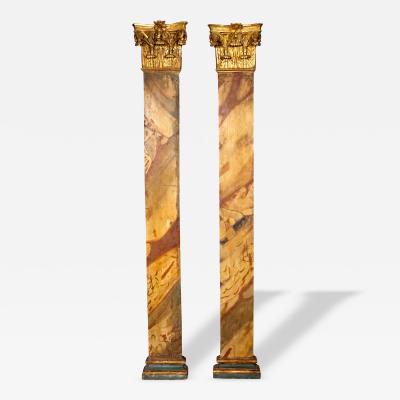Pair Of Italian Faux Marble And Giltwood Wall Columns
