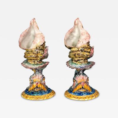 Pair Of Italian Majolica Conch Dolphin Vases