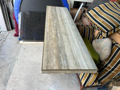 Pair Of Italian Modern Travertine And Brass Console Tables