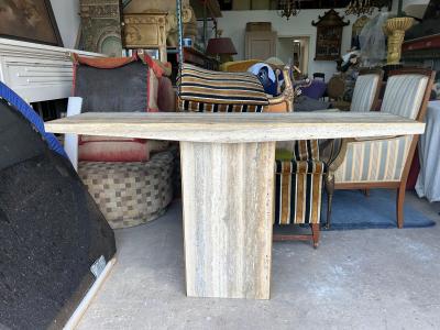 Pair Of Italian Modern Travertine And Brass Console Tables