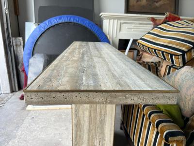 Pair Of Italian Modern Travertine And Brass Console Tables