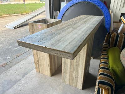 Pair Of Italian Modern Travertine And Brass Console Tables
