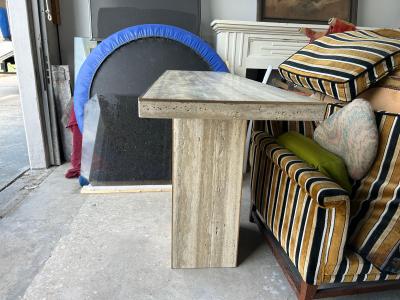 Pair Of Italian Modern Travertine And Brass Console Tables