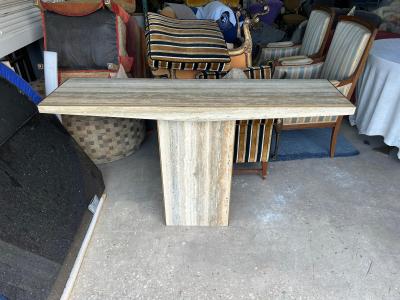 Pair Of Italian Modern Travertine And Brass Console Tables