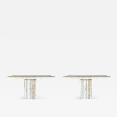 Pair Of Italian Modern Travertine And Brass Console Tables