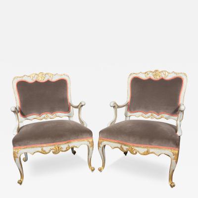 Pair Of Italian Rococo Blue Painted Armchairs