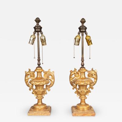 Pair Of Italian Rococo Giltwood Urns Mounted as Lamps