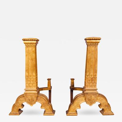 Pair Of Large And Impressive Arts and Crafts Gilt Bronze Andirons