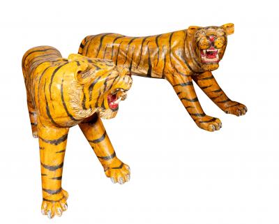 Pair Of Large Painted Wood Figures Of Tigers Possibly From A Circus
