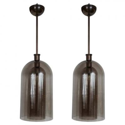 Pair Of Large Smoke Two Layered Dome Shaped Pendants