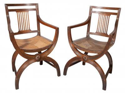 Pair Of Late Victorian Curule Form Mahogany Armchairs