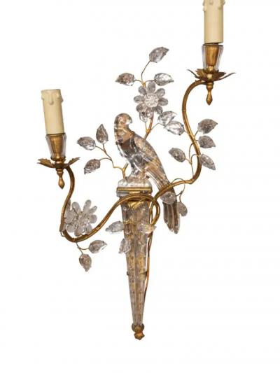 Pair Of Maison Bagues Parrot Form Crystal and Gilt Metal Wall Sconces