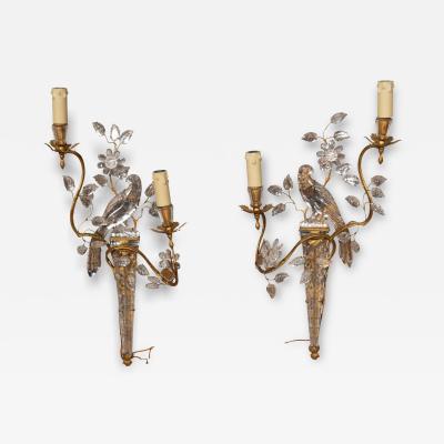 Pair Of Maison Bagues Parrot Form Crystal and Gilt Metal Wall Sconces
