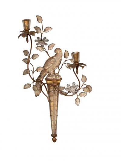 Pair Of Maison Bagues Parrot Form Crystal and Gilt Metal Wall Sconces
