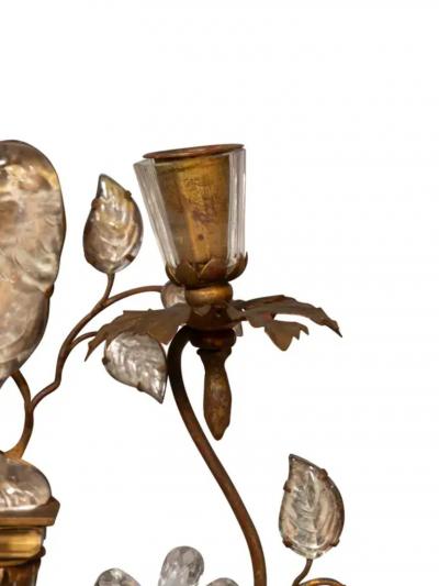 Pair Of Maison Bagues Parrot Form Crystal and Gilt Metal Wall Sconces