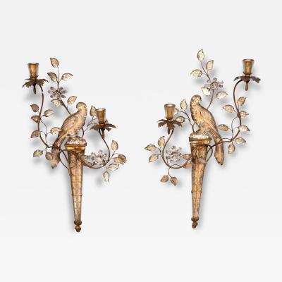 Pair Of Maison Bagues Parrot Form Crystal and Gilt Metal Wall Sconces