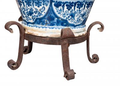 Pair Of Mexican Talavera Poblana Pottery Blue And White Vases With Iron Stands