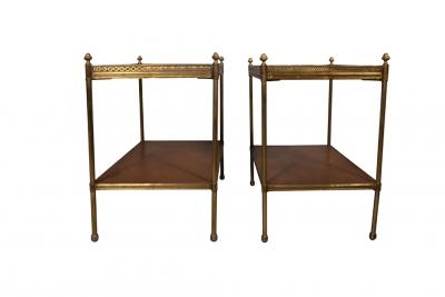 Pair Of Mid Century Brass and Leather Two Tier End Tables